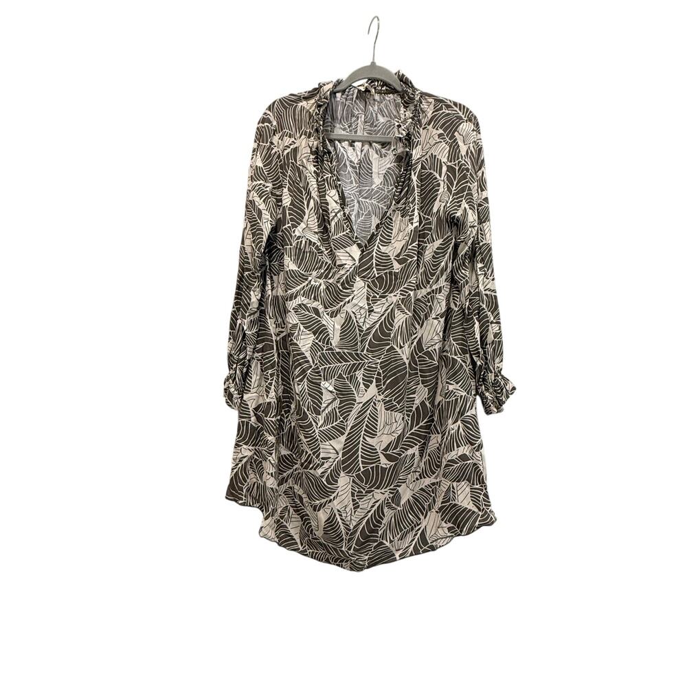 Mint Choco Boho Earthy Leaf Print Midi Swim Cover-Up Dress - Size S